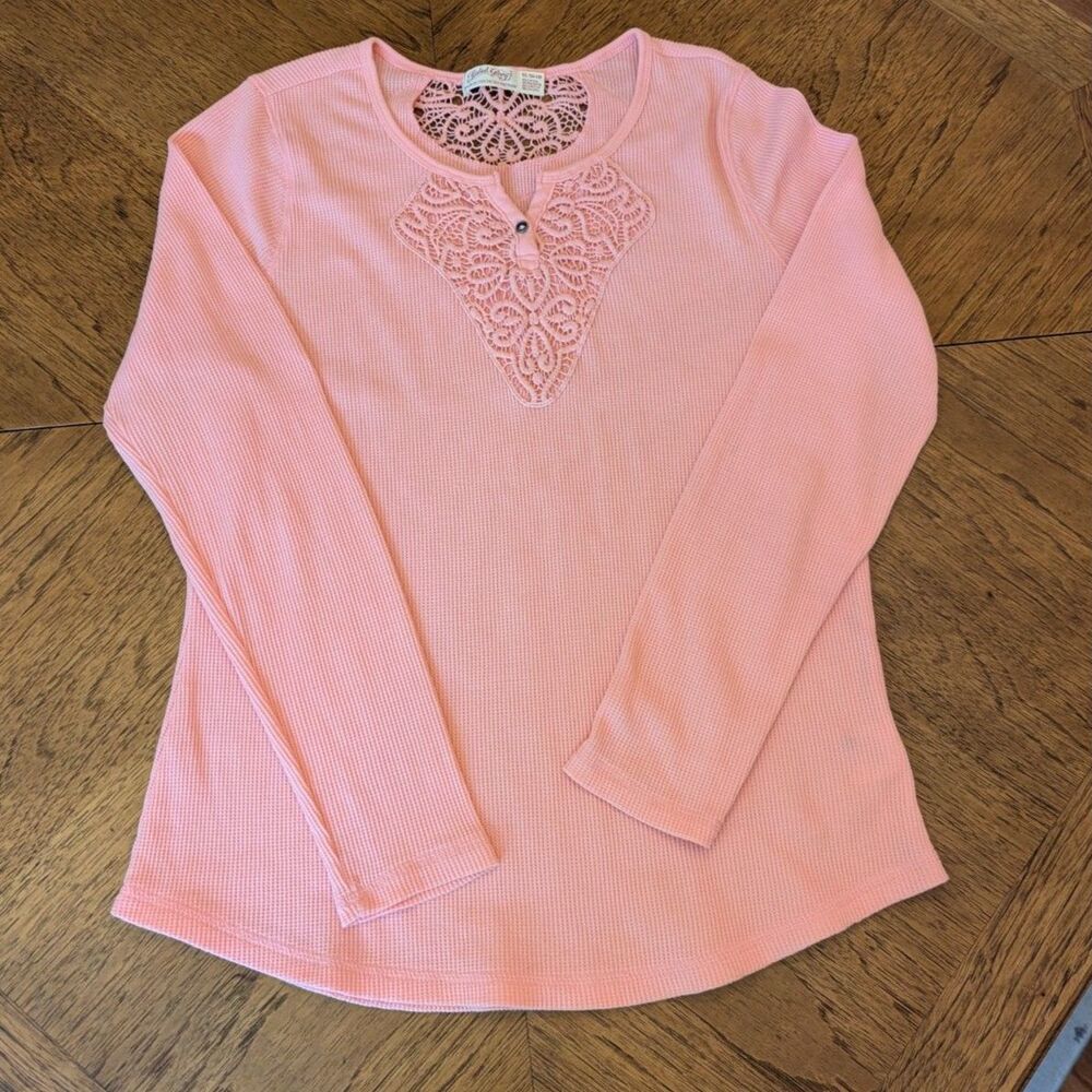 Coral Peach Waffle Knit Crochet Lace Henley Thermal Size XL Boho Fairy Cottage